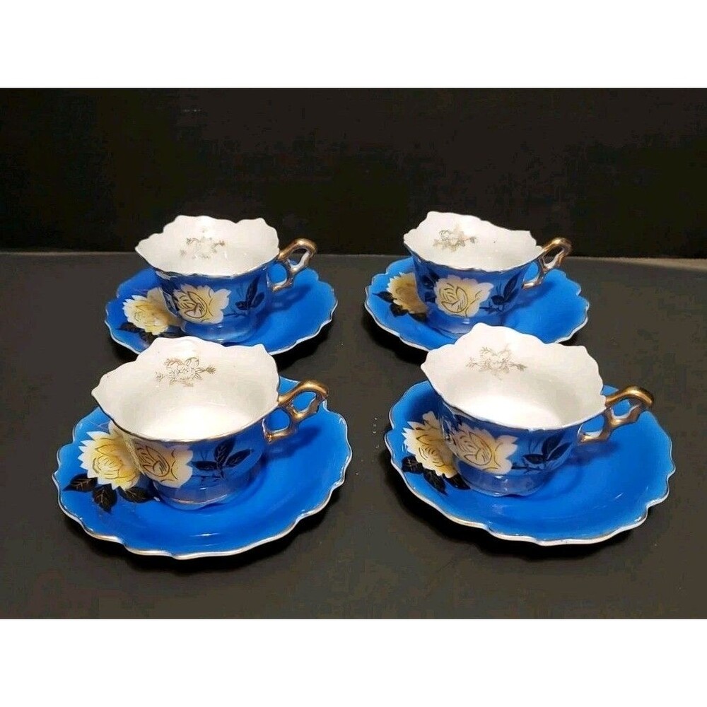 Demitasse Tea Cups Saucers Blue Luster Glaze, Yellow Roses & Gold Trims 8 Pc Set